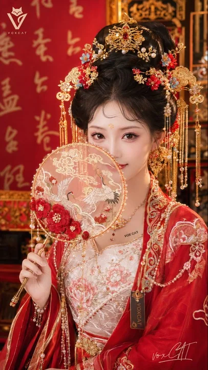 新中式唐风红金婚礼写真仕女图