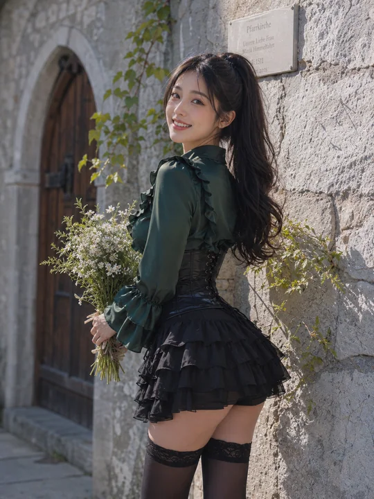 哈尔施塔特石墙边的森林绿缎面少女