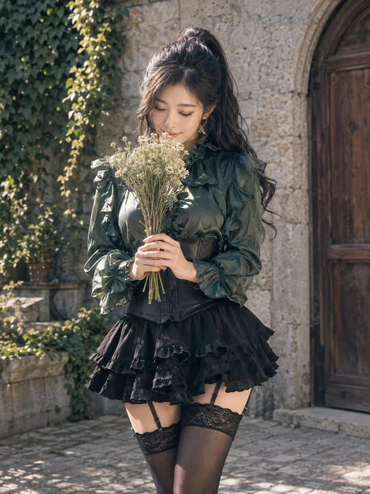 哈尔施塔特古镇下的森林绿缎面少女
