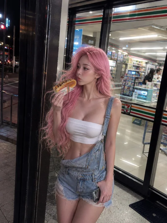 街头便利店门口吃热狗的二十岁少女随性抓拍