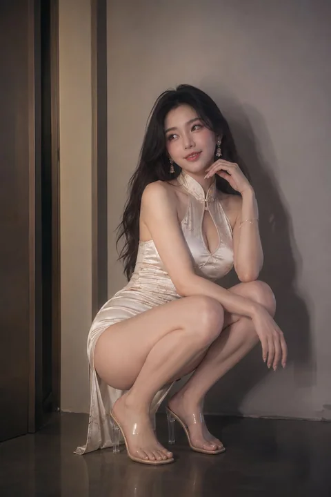超写实香槟色旗袍东亚女性室内写真