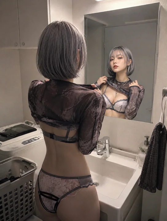 洗面台前拉起衣服的少女桃色约翰风格