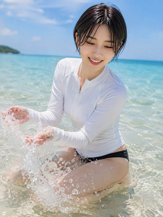 浅滩玩水的冲浪衣少女