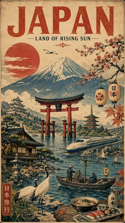 复古手绘风格目的地旅行海报插画