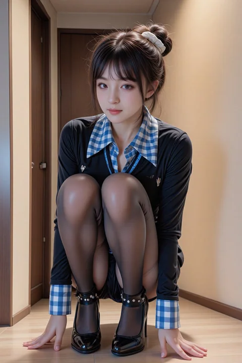 现代室内深蹲姿势时尚东亚女性写真