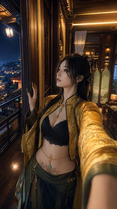 都市霓虹下琥珀锦缎女子的回望瞬间