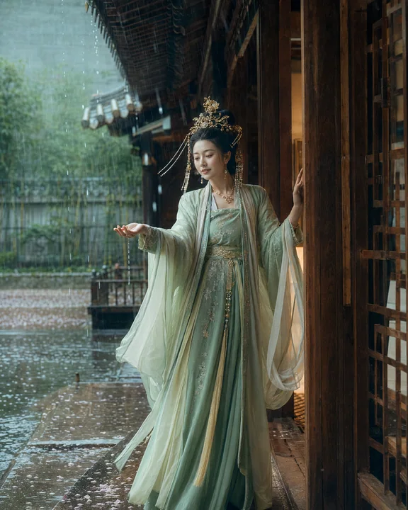 雨后亭台间静谧的东方古典女子