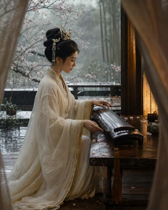 烟雨古亭抚琴图:清雅东方女子侧颜