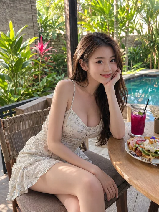 热带花园咖啡馆年轻女子写真