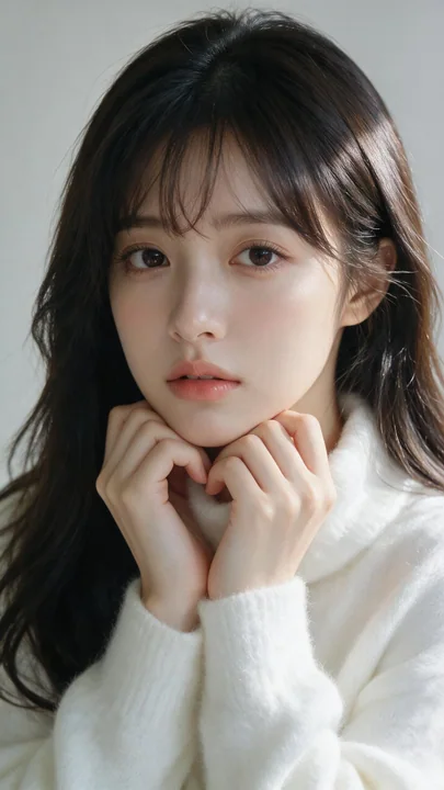 东亚年轻女性白色毛衣唯美肖像