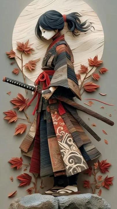 纸艺与木雕风格优雅女性武士浮雕