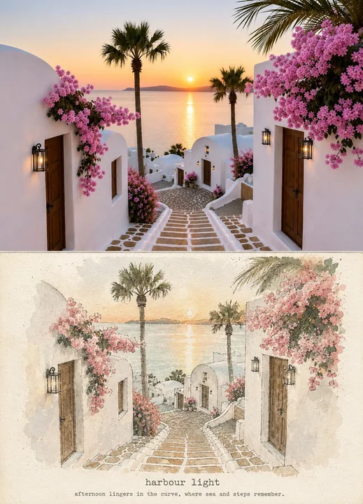 旅行日记复古插画风格双面板图像生成
