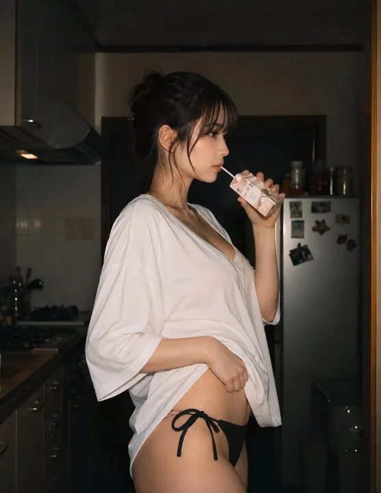 夜间昏暗厨房入口的东亚女性侧影