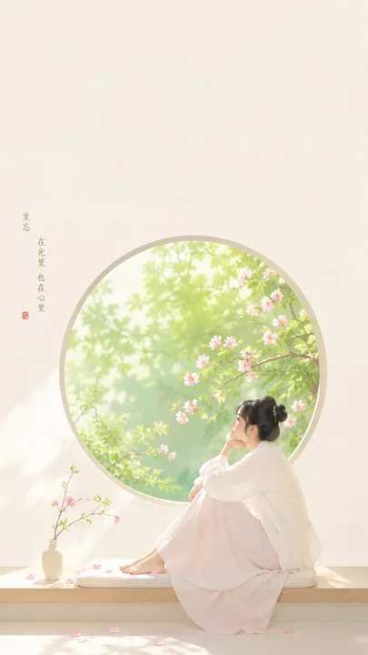 东方禅意极简女性柔亮圆窗海报