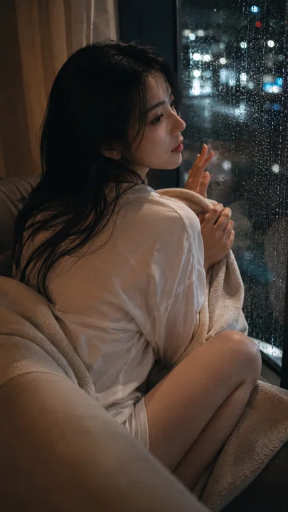 雨夜窗边思念中的韩国偶像私密肖像