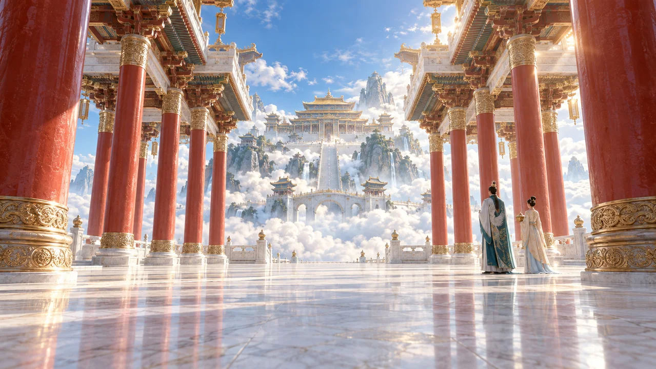 千柱承霄玉阙下庭磅礴东方天宫盛景