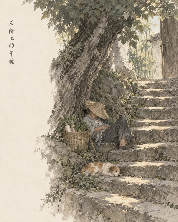 浅绛山水意境下的石阶午睡清凉图