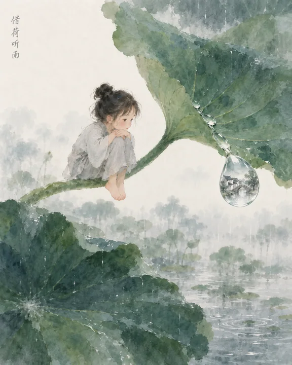 借荷听雨:没骨画风中的夏雨童梦