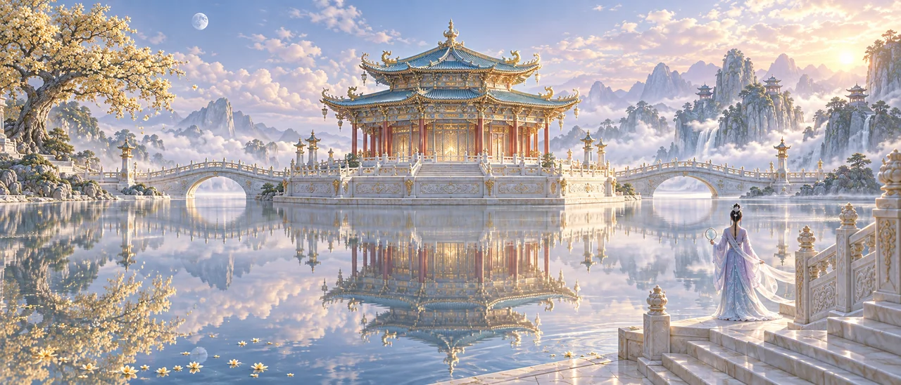 镜湖天宫月映双桥仙官凭栏图