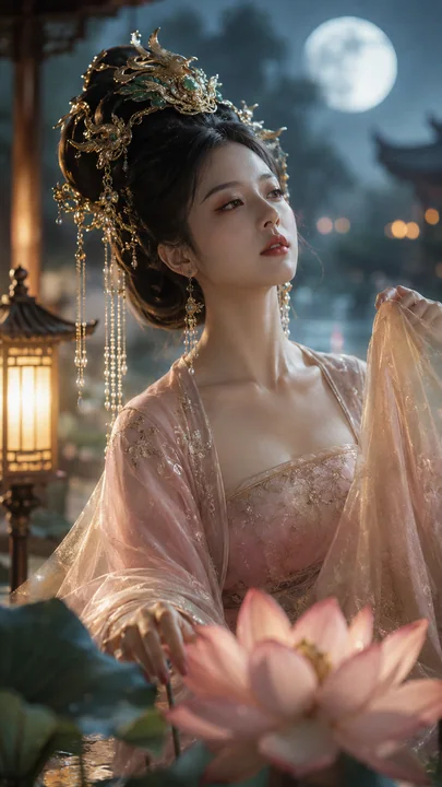 唐风美学冷艳古典美人月下莲池人像