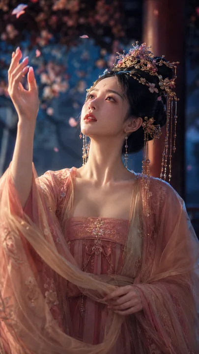 盛唐风华:月夜花亭下的古典美人