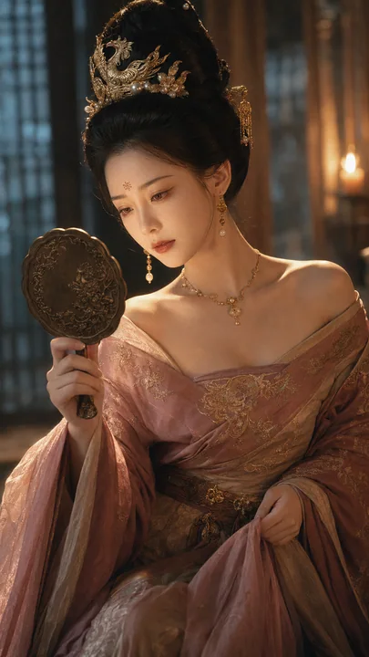 大唐宫廷美人对镜思忖电影级插画