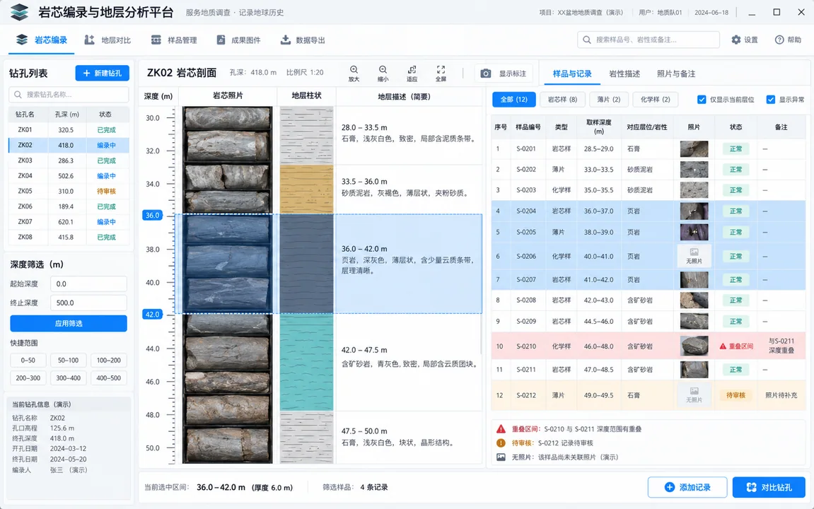 中国地质调查岩芯编录分析平台高保真界面