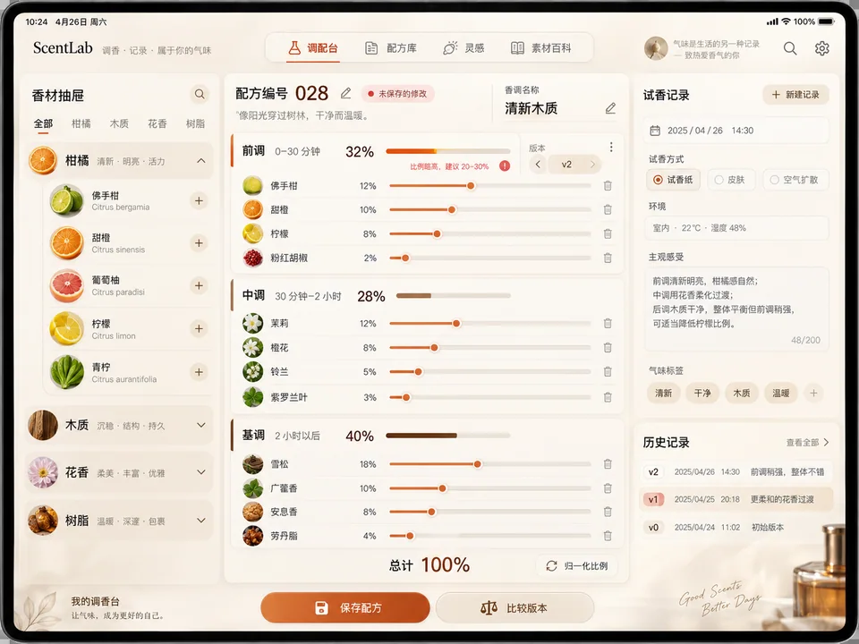 极简禅意调香实验室平板UI界面