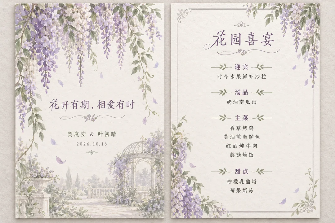 紫藤花语浪漫园林风双面婚宴菜单设计