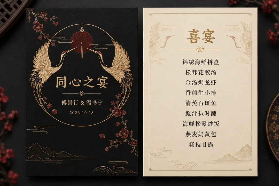 黑金新中式双面婚宴菜单平面设计