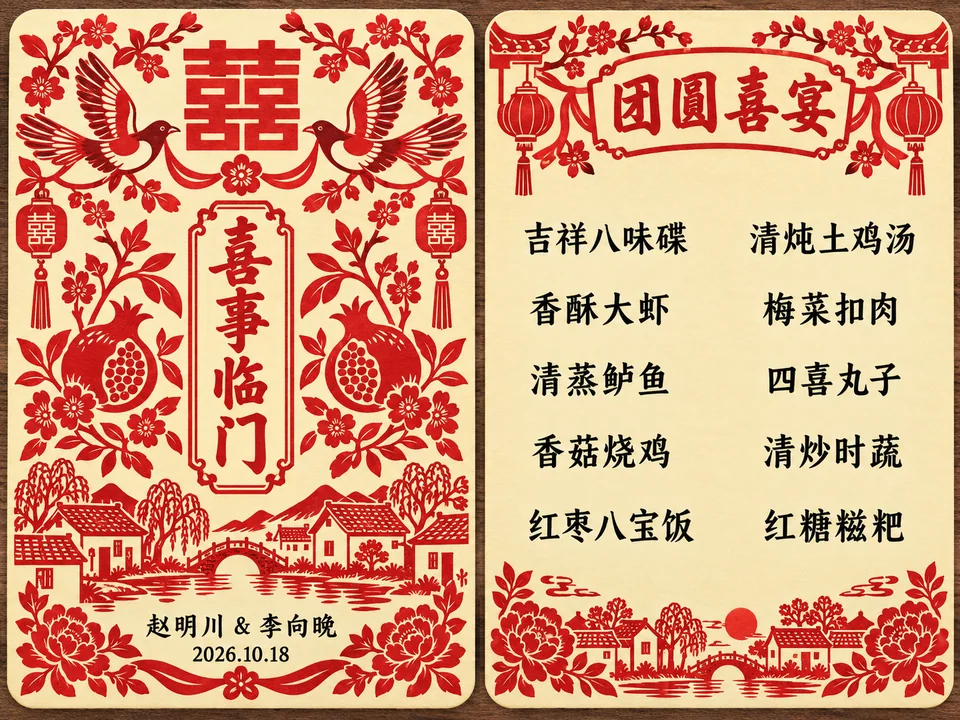 民间剪纸风喜庆婚礼双面菜单设计