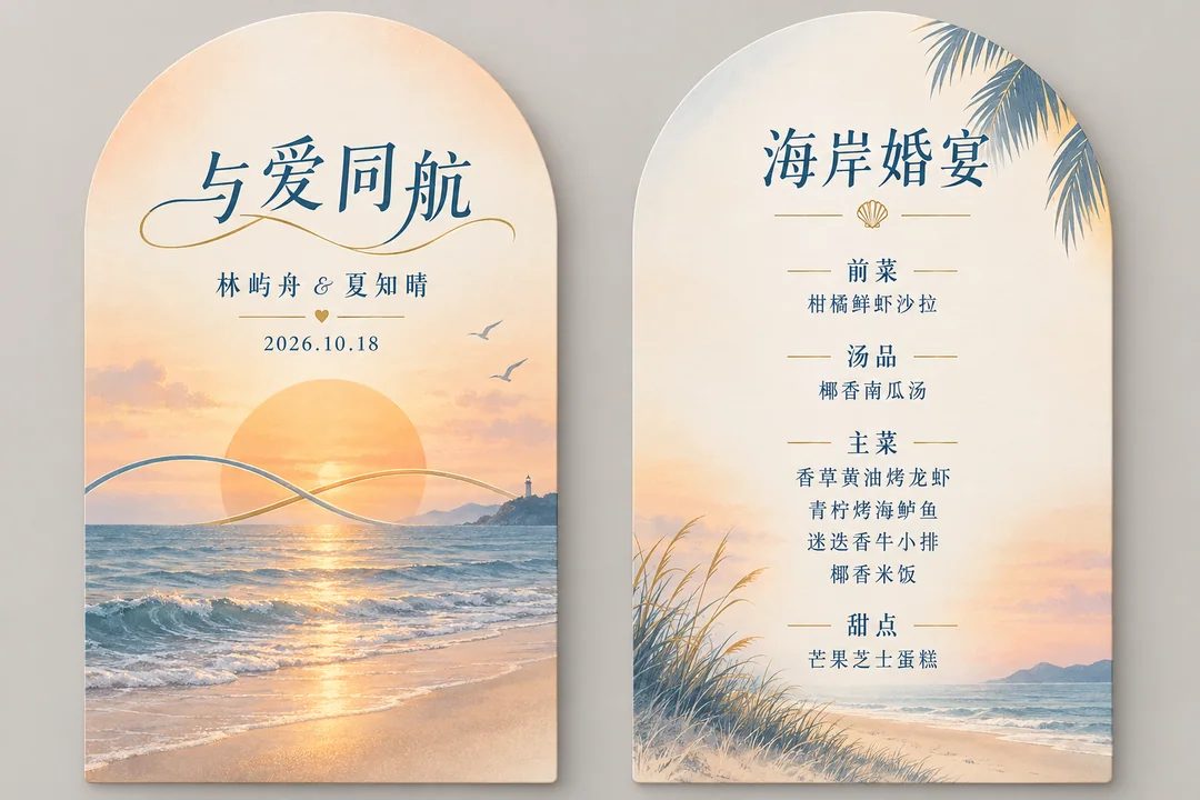 浪漫海边落日圆拱形双面婚礼菜单设计