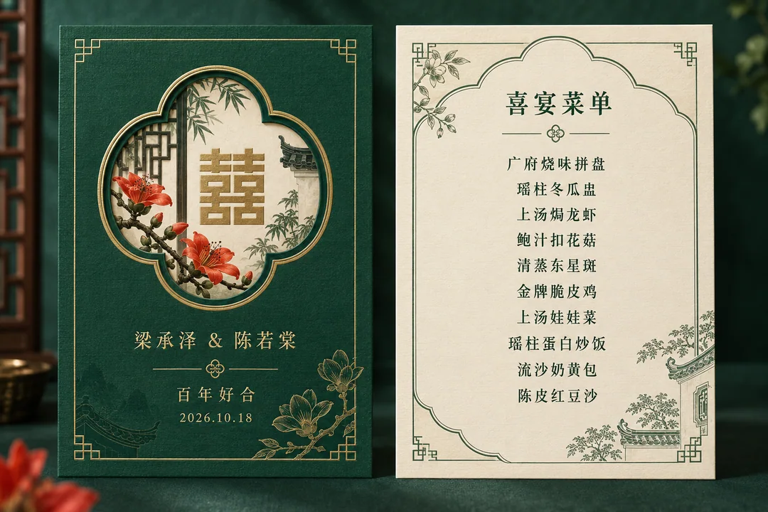 翡翠金边岭南花窗婚宴菜单双面设计