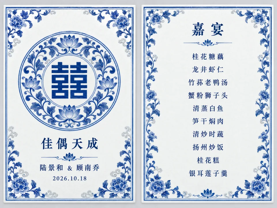 新中式青花瓷韵婚宴菜单设计