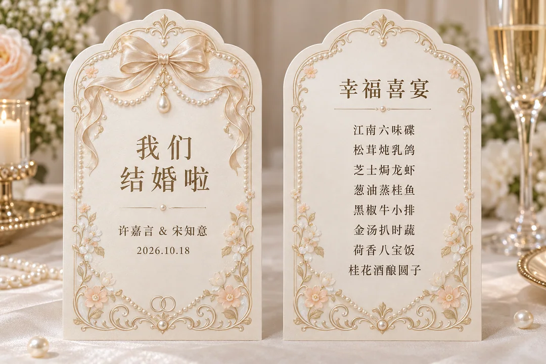 香槟珍珠拱门婚宴菜单双面展示设计