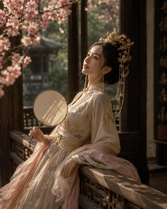 亭间金辉:古风女子的樱花诗意瞬间