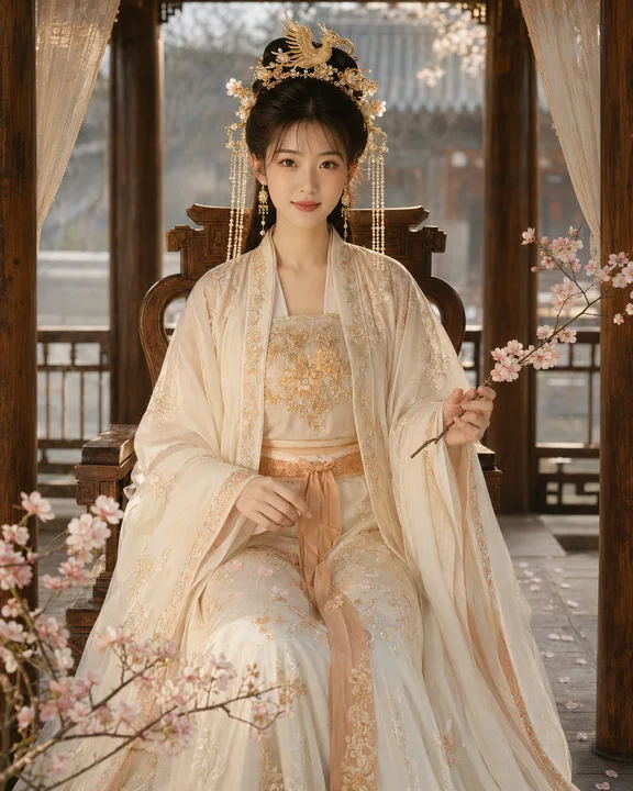 杏金华裳下的东方气韵与樱花之约