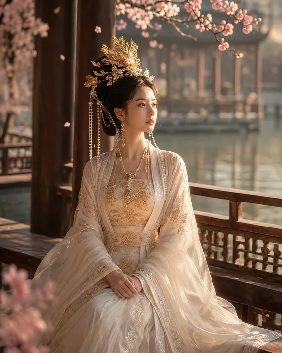 锦绣芳华:水榭亭台间的金丝汉服神韵
