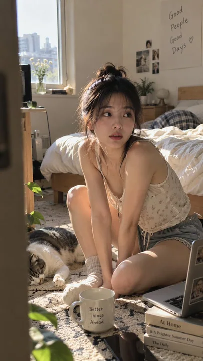 落日火车窗边蜷坐的东亚女性