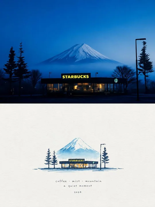 富士山星巴克极简手绘水彩艺术印刷品
