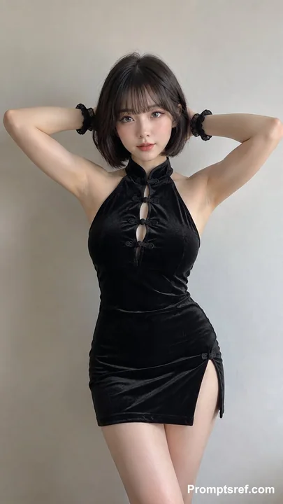 黑色丝绒改良旗袍短发女性室内写真