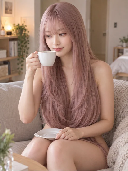 独居少女在沙发喝咖啡长发遮身