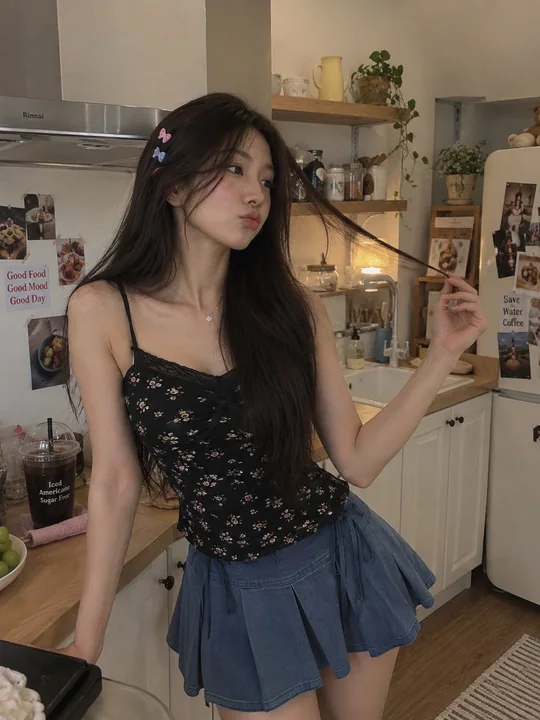 厨房中穿着碎花吊带的年轻女性肖像