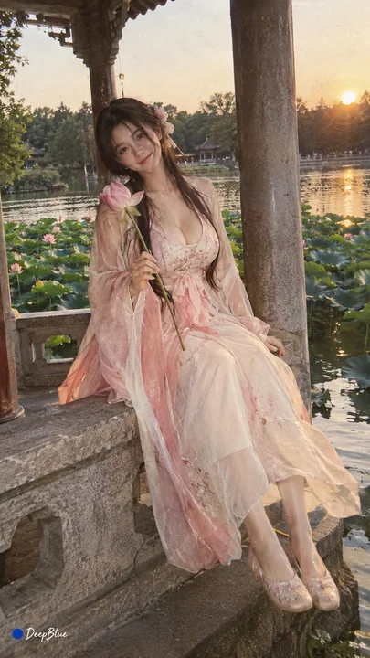 小红书汉服少女粉白渐变大袖衫湖边实拍