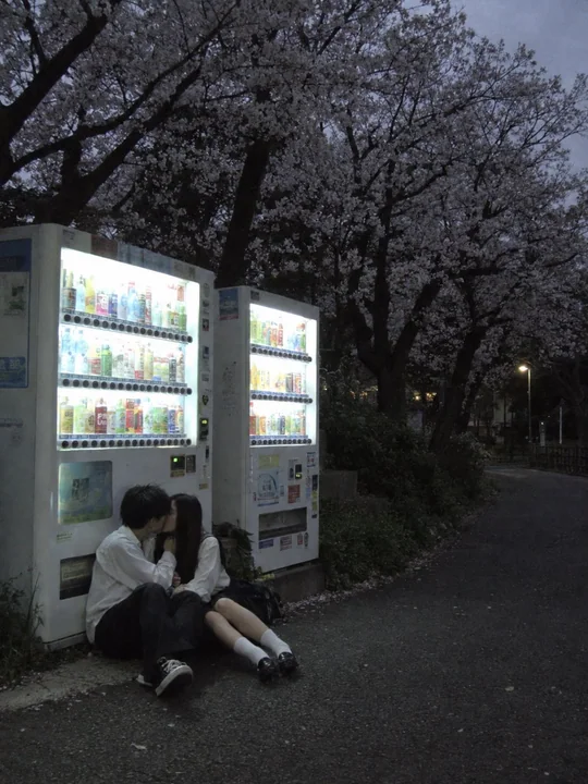 超写实傍晚樱花公园售货机前亲吻的青年