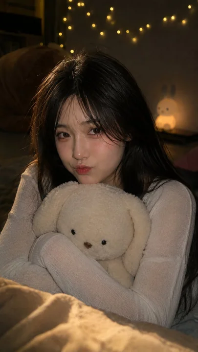 室内夜晚韩系女生抱兔玩偶快照