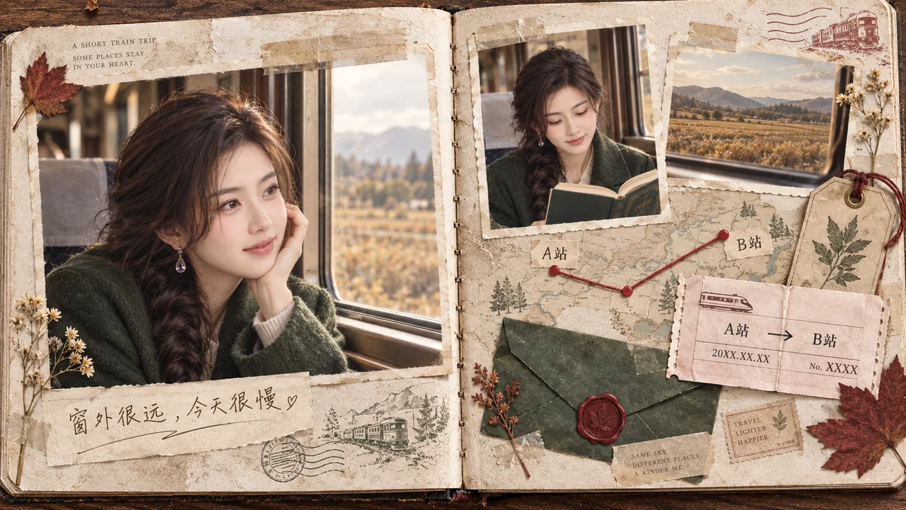 绿衣少女的火车旅行手账跨页