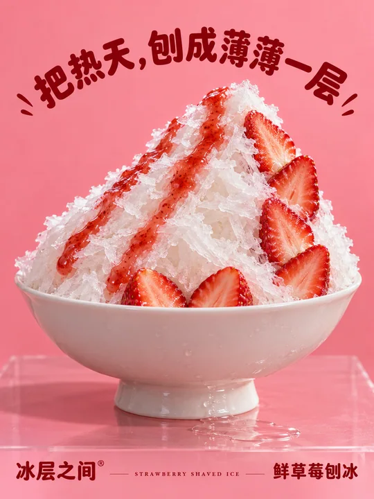 极简番石榴粉夏日草莓刨冰海报