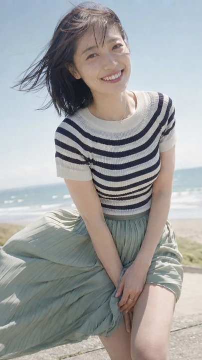 海边吹风的条纹衫褶裙日本女性全身人像