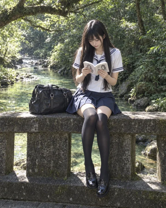超写实日系森林溪流石桥少女看书摄影